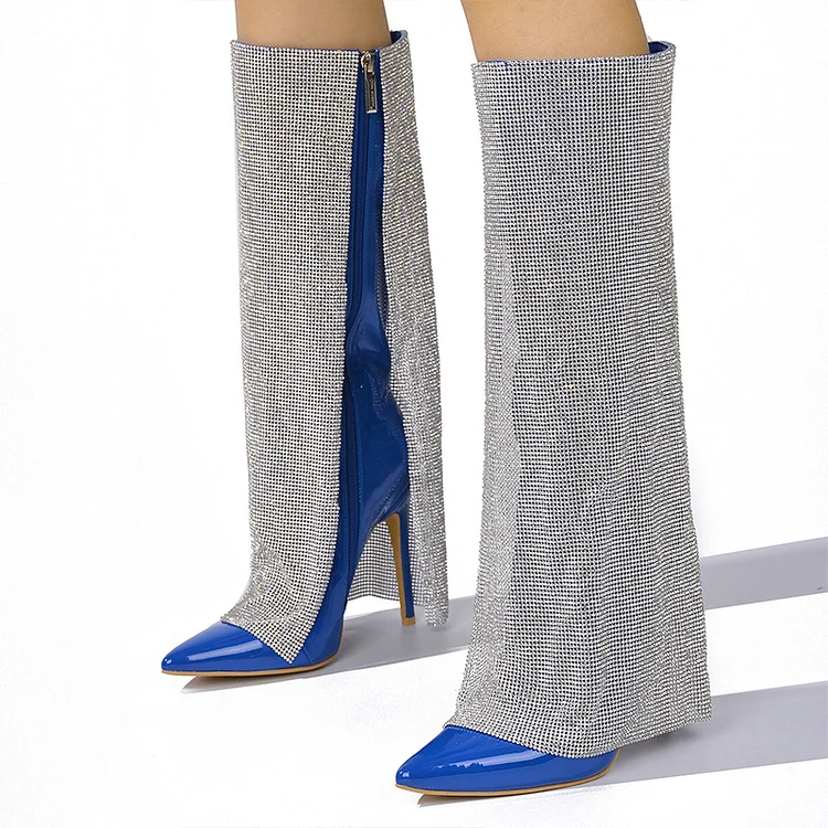Blue Patent Zipper Boots Pointy Stiletto Heel Rhinestones Folded Boot |FSJ Shoes