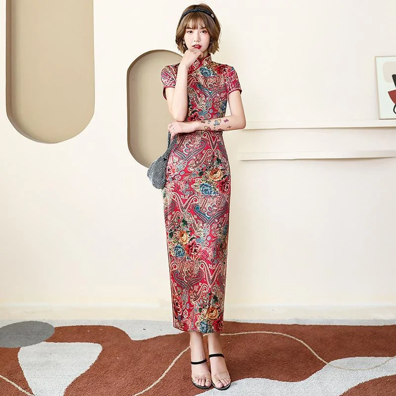 Long Cheongsam Dress Slim Performance Mother Dress Traditional Chinese Dress Silk Satin