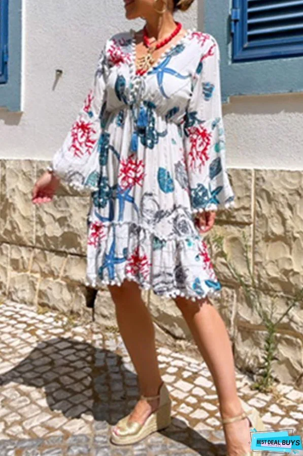 Bell Sleeve V Neck Coral Starfish Short Dress