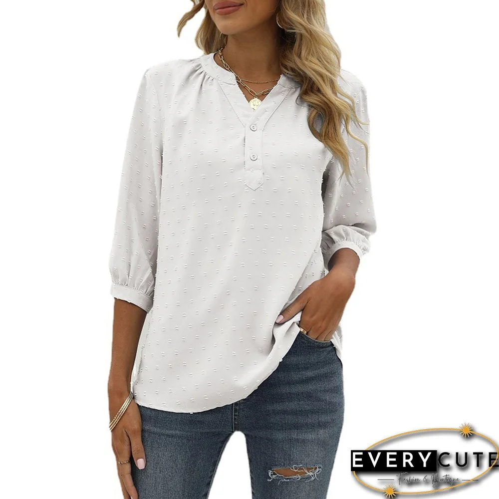 White Swiss Dot Jacquard Button V Neck 1/2 Sleeve Tops