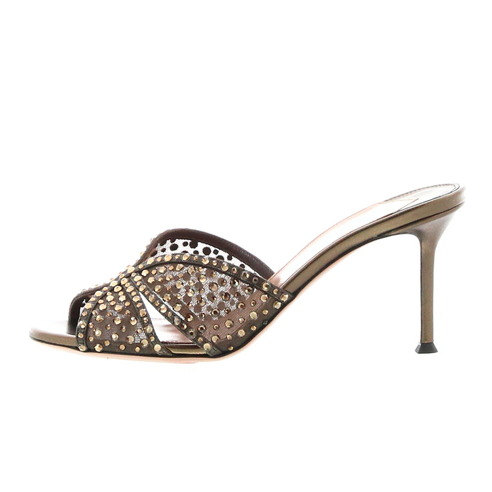 Brown Mesh Open Round Toe Stiletto Heel Rhinestone Mules Shoes Nicepairs
