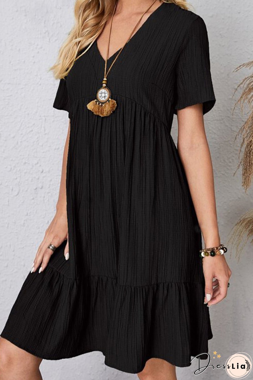 Full Size Ruched V-Neck Short Sleeve Dress