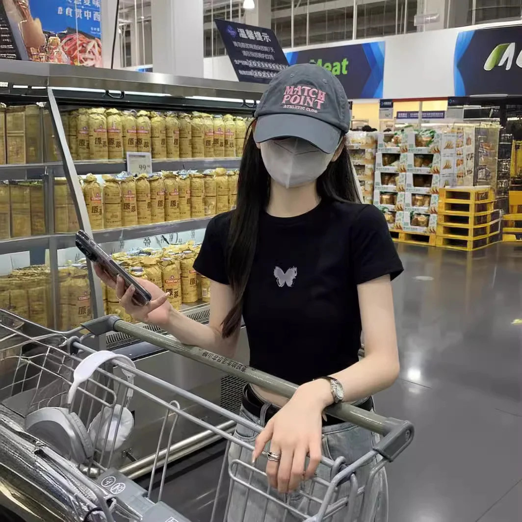 Uveng Uveng Girl Butterfly Print Short-Sleeved T-Shirt Female 2024 Summer Slim Slim Short Crop Student Top Tide