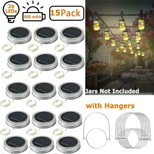 5/10/15 Pack Solar Powered Lid Lights 200cm 20 LEDs Mason Jar Solar Lights with Hangers , Indoor or Outdoor Usage for Wedding Christmas Holiday Party Decor (Jars Not Included)