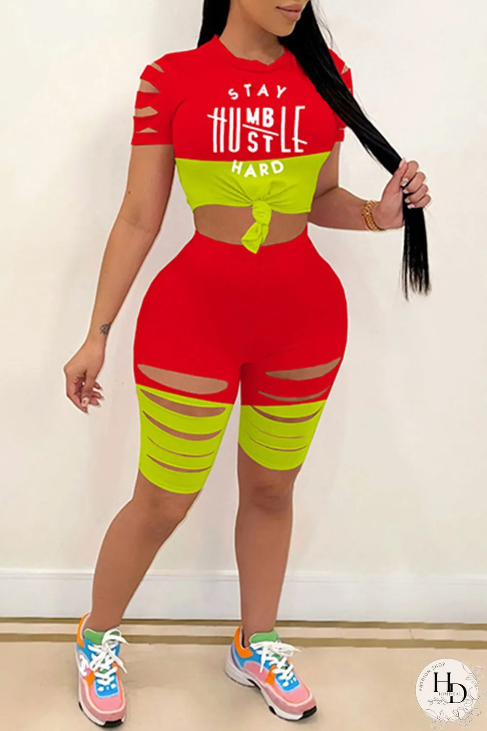 Red Fashion Casual Letter Print Ripped Split Joint O Neck Short Sleeve Two Pieces