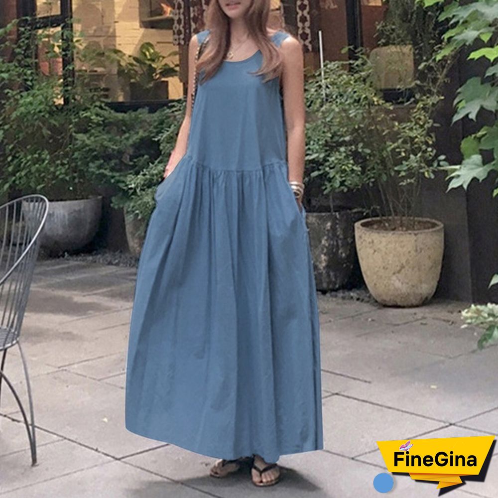 Women Sleeveless Casual Party Holiday Long Shirt Dress O Neck Denim Tank Maxi Sundress