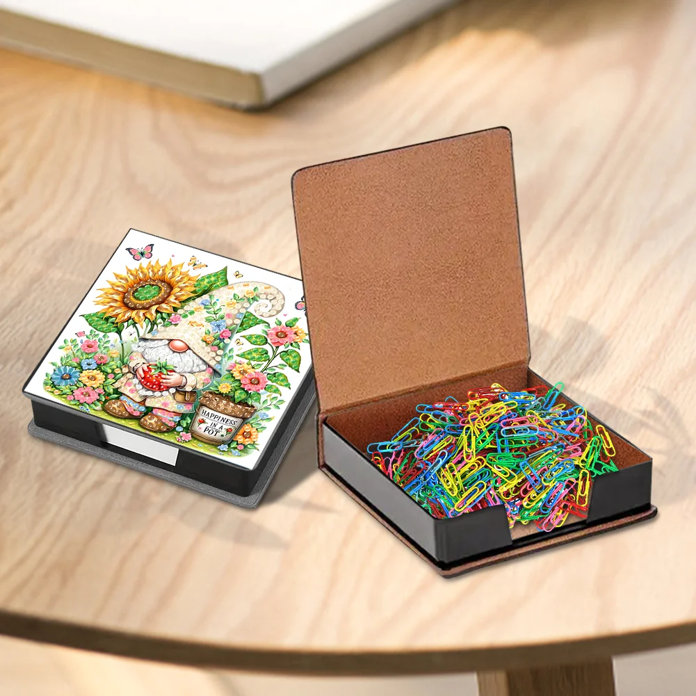 DIY Flower Gnome Leather Diamond Art Note Box with 160 Sheets of Paper for Beginners
