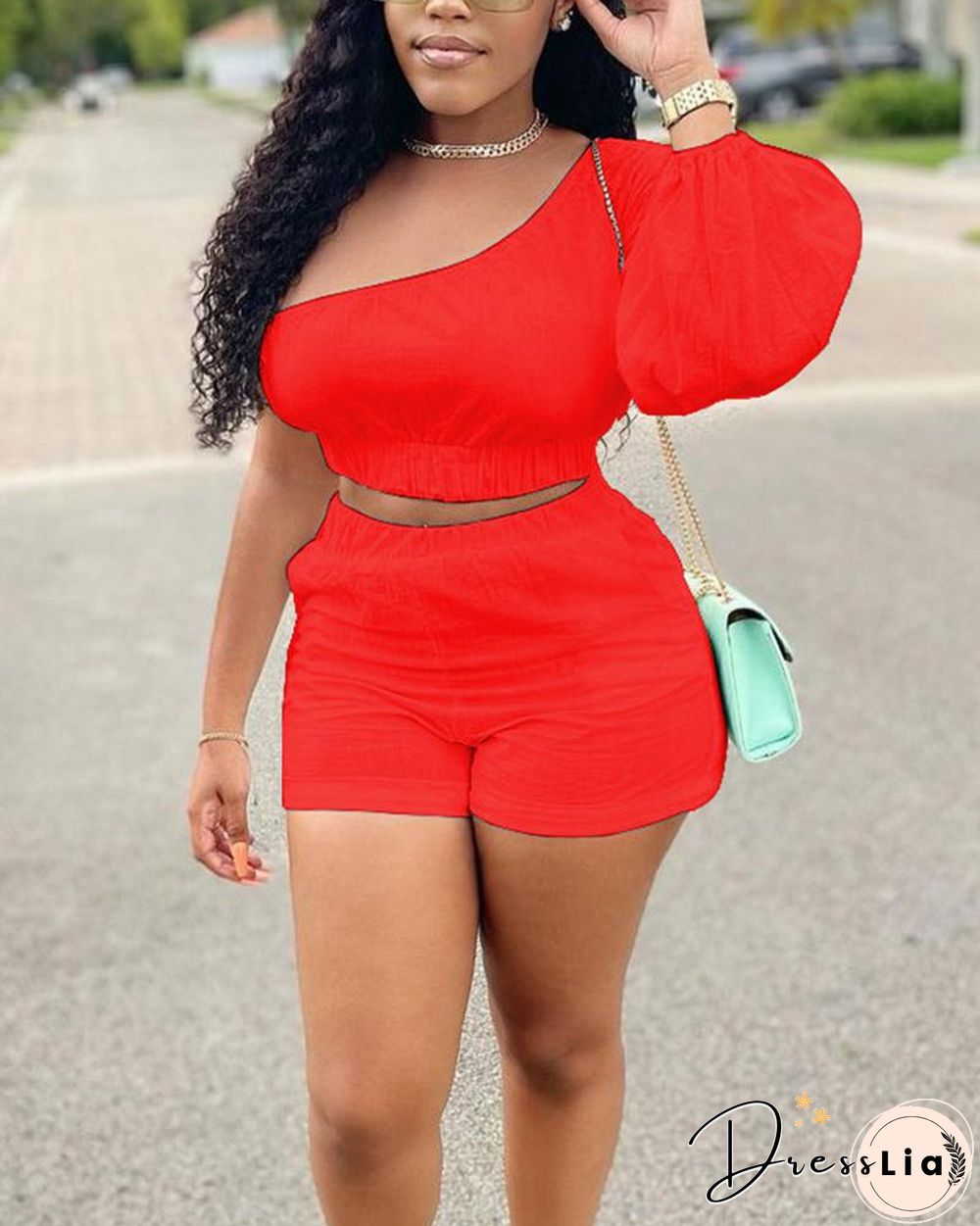 Solid Color One Shoulder Crop Top & Shorts Set