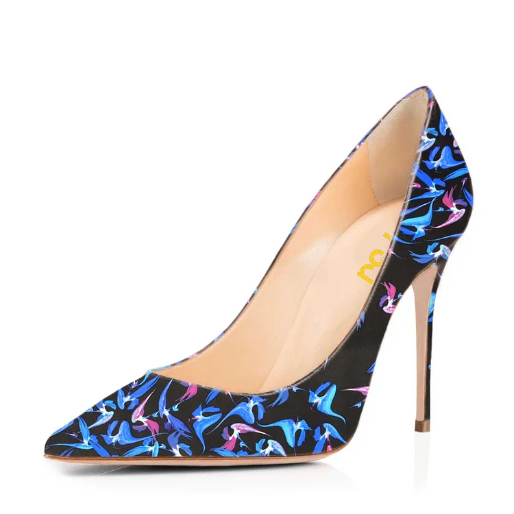 Women's Blue Floral-Print Pointed Toe Stiletto Heels Pumps Shoes |FSJ Shoes