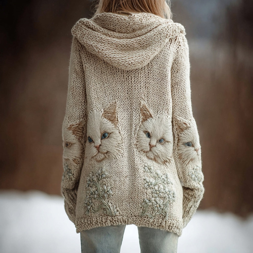 Cute Cats Embroidered Cozy Knit Hooded Cardigan