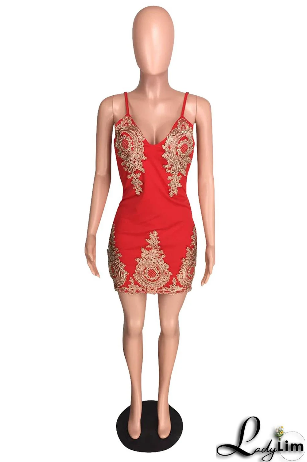 Red Fashion Sexy Embroidery Backless V Neck Sling Dress
