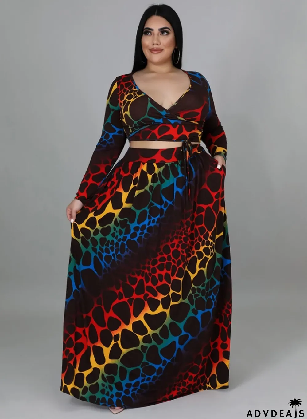 Autumn Plus Size Multicolor Leopard Crop Top and Long Skirt 2PC Set