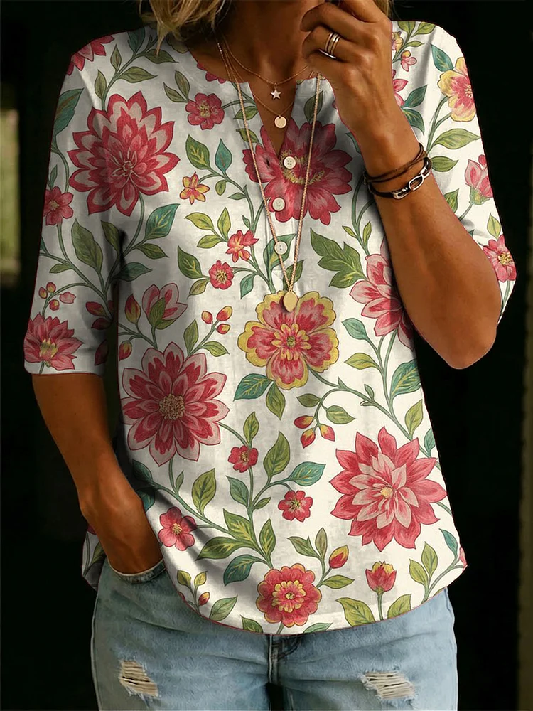 Women&rsquo;s Floral Pattern Art Casual Classic Henley Collar 100% Cotton T-shirt