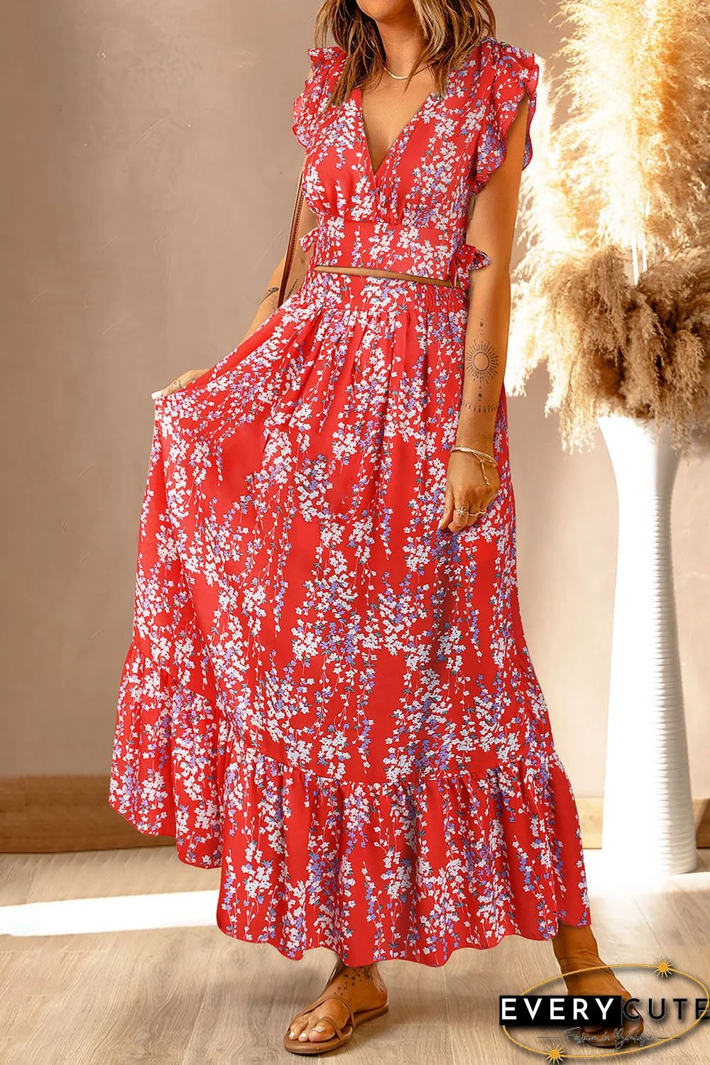 Red Multicolor Floral Ruffled Crop Top and Maxi Skirt Set
