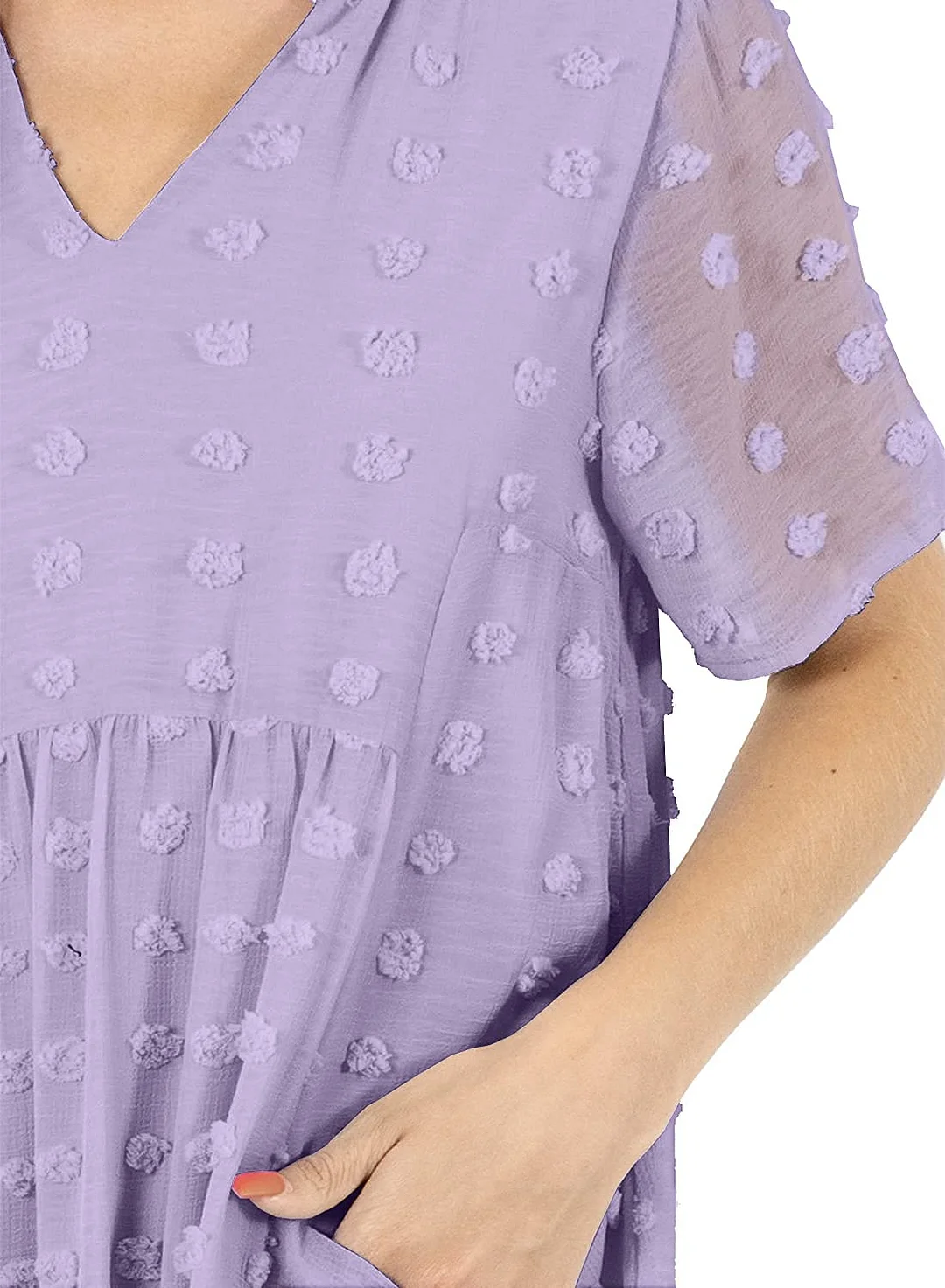 MIHOLL Women's V Neck Short Sleeve Ruffle Loose Summer Flowy Mini Dress