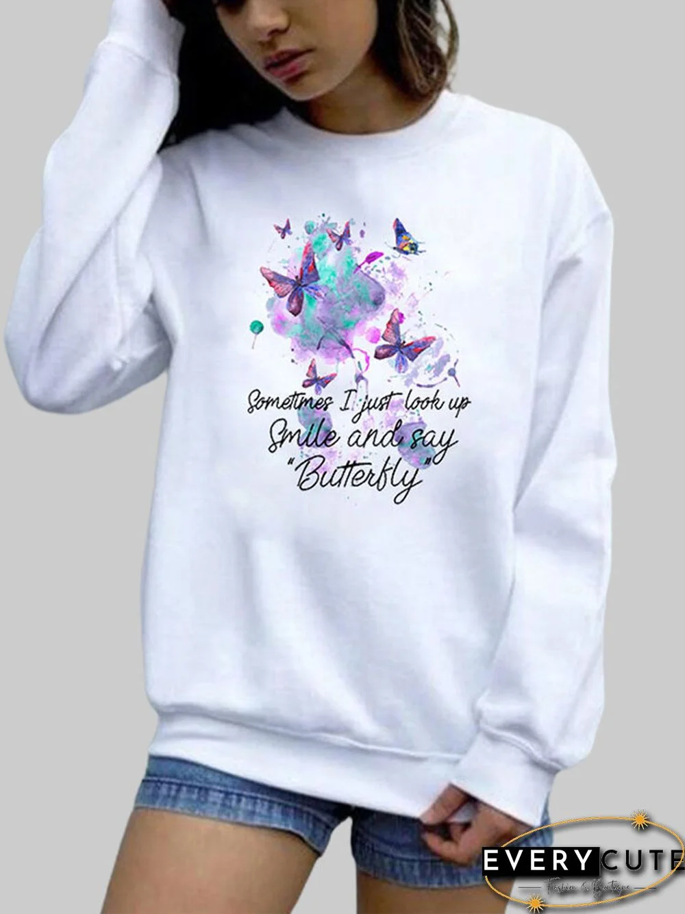Butterfly Letters Printed Long Sleeve O-neck Sweatshirt For Women