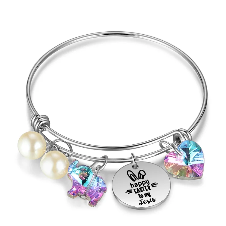 Easter Gifts Bunny Bracelet Bangle Personalized Name with Pearl Crystal for Kids