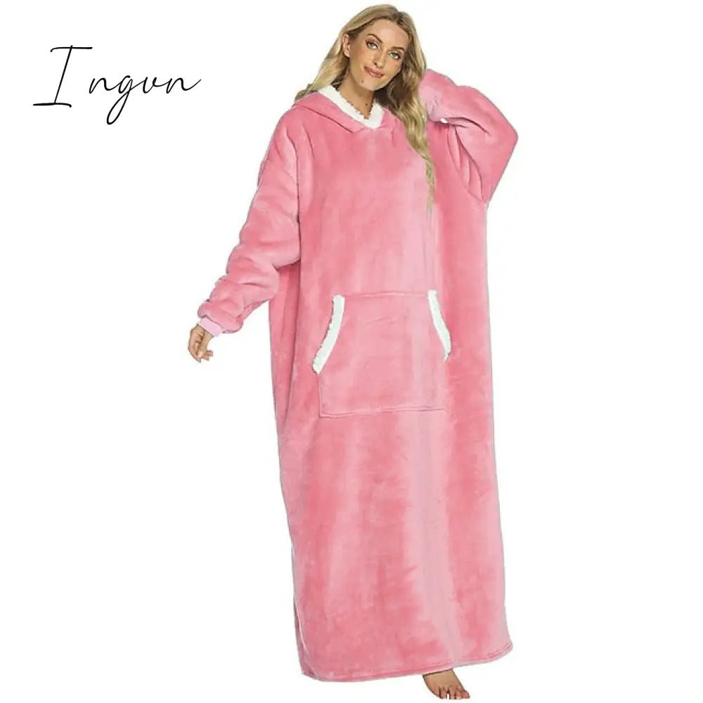 Ingvn - Women’s Pajamas Nightgown Wearable Blanket Hoodie Pure Color Warm Comfort Oversized Home