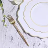 10 Pack | 11" White Hard Plastic Dinner Plates, Disposable Tableware, Baroque Heavy Duty Plates with Gold Rim