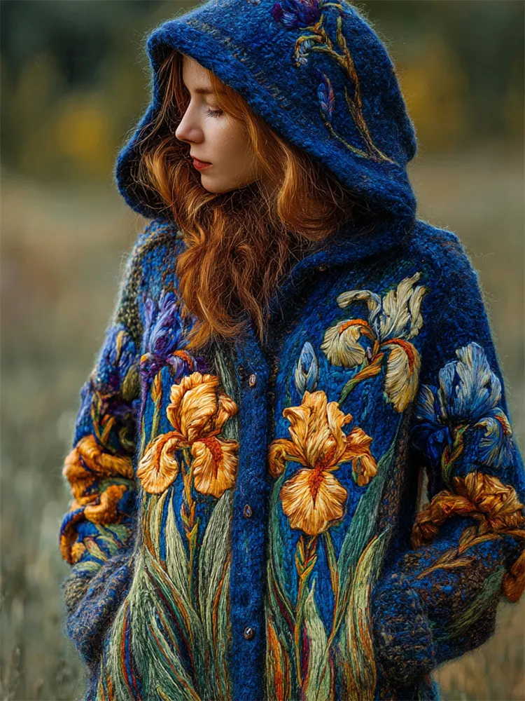 Vintage Irises Felt Embroidered Cozy Knit Hooded Cardigan