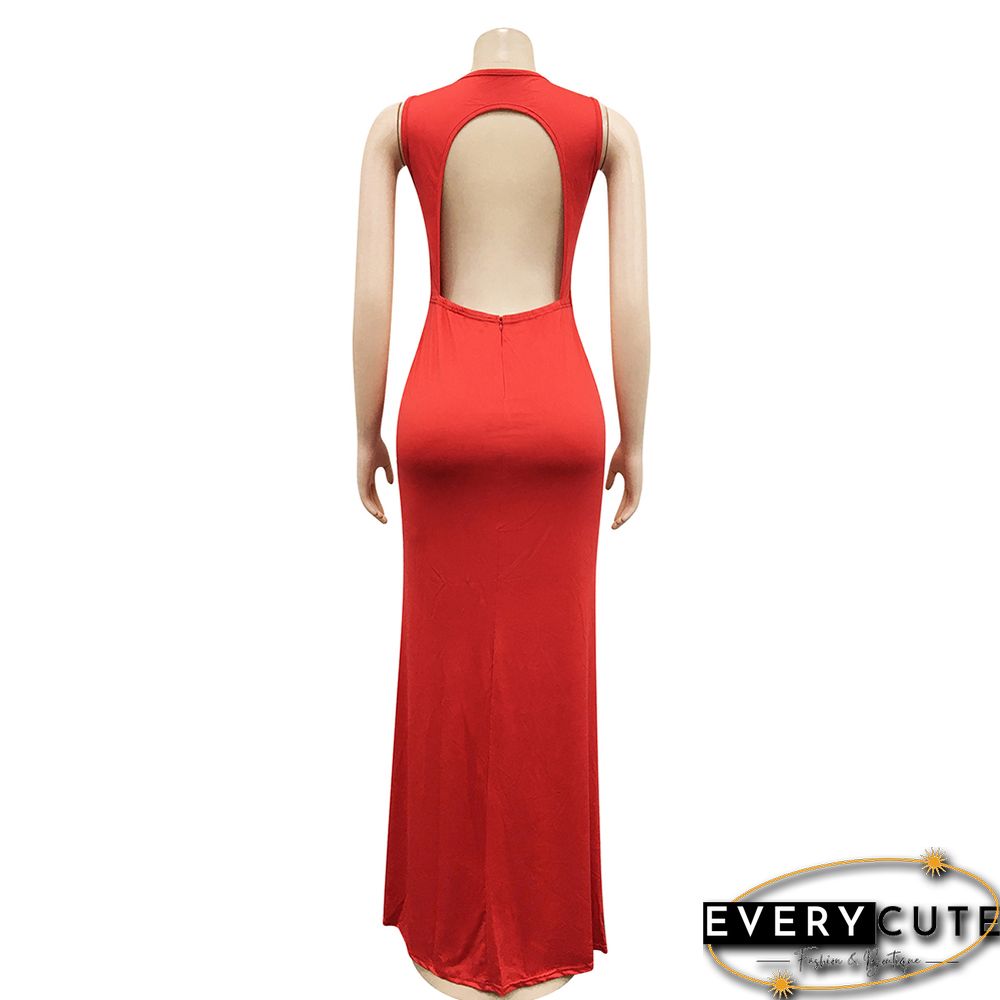 Red Rhinestones Mesh Sleeveless Maxi Dress