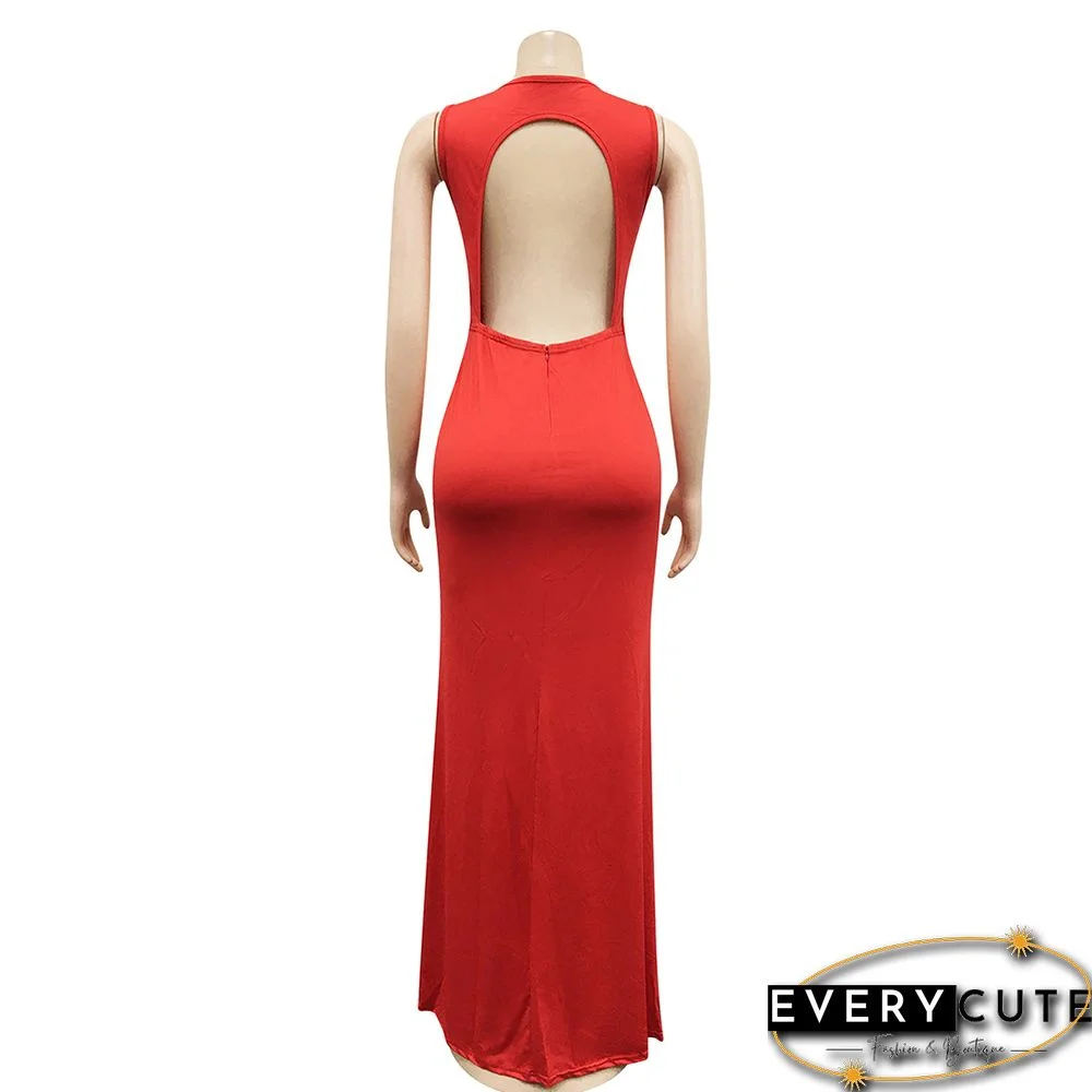 Red Rhinestones Mesh Sleeveless Maxi Dress