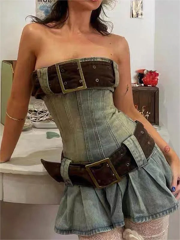 Brownm denim mini dress with a narrow belt