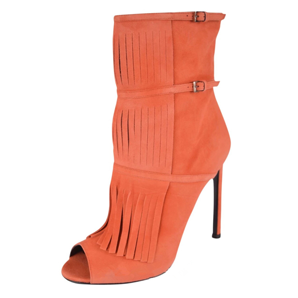 Orange Vegan Suede Stiletto Heel Peep Toe Booties with Buckle |FSJ Shoes