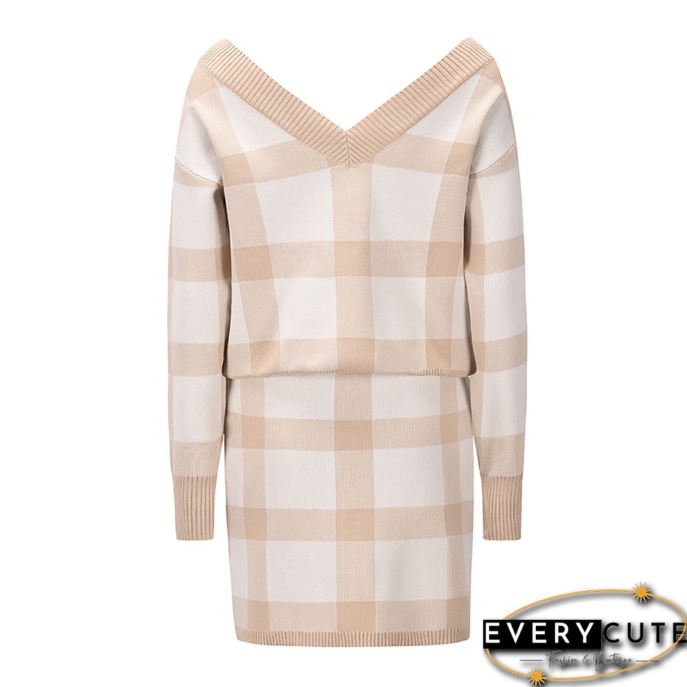 Khaki Plaid Print Long Sleeve Sweater Skirt Set