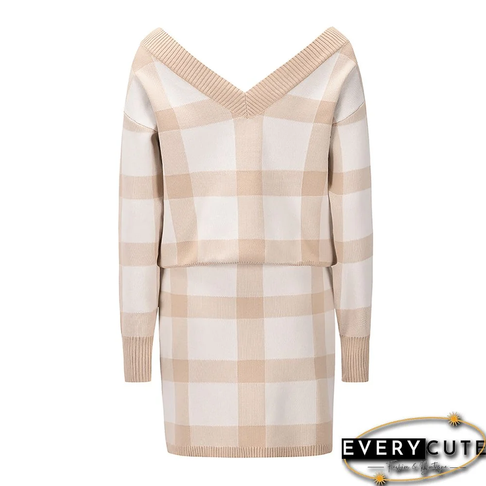 Khaki Plaid Print Long Sleeve Sweater Skirt Set