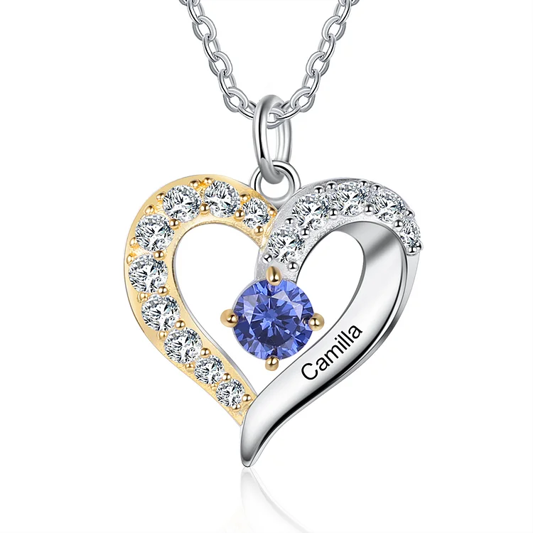 Personalized Diamond Heart Necklace with 1 Birthstone Two Tone Necklace