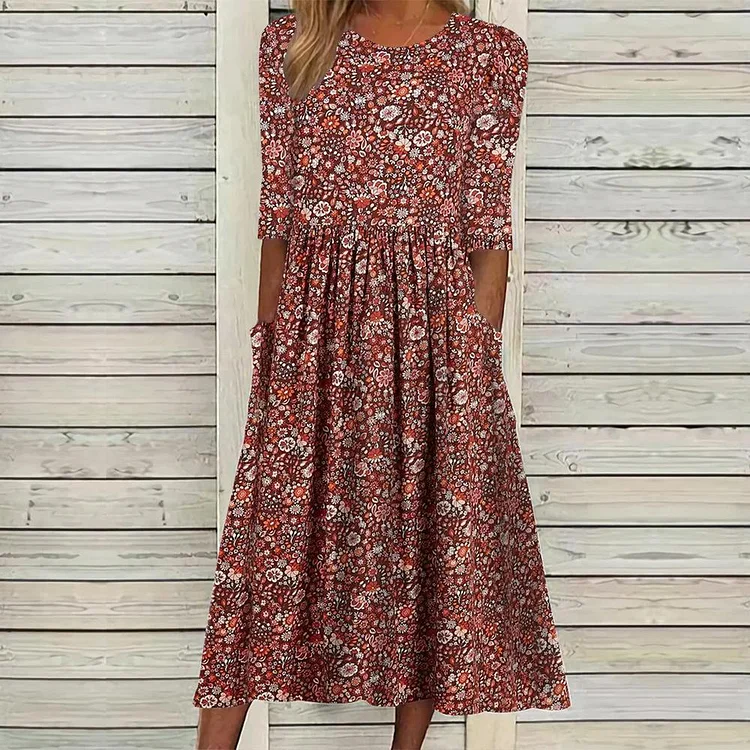 Women's Boho Dress Crew Neck Mid Sleeve Floral Print Midi Dresses