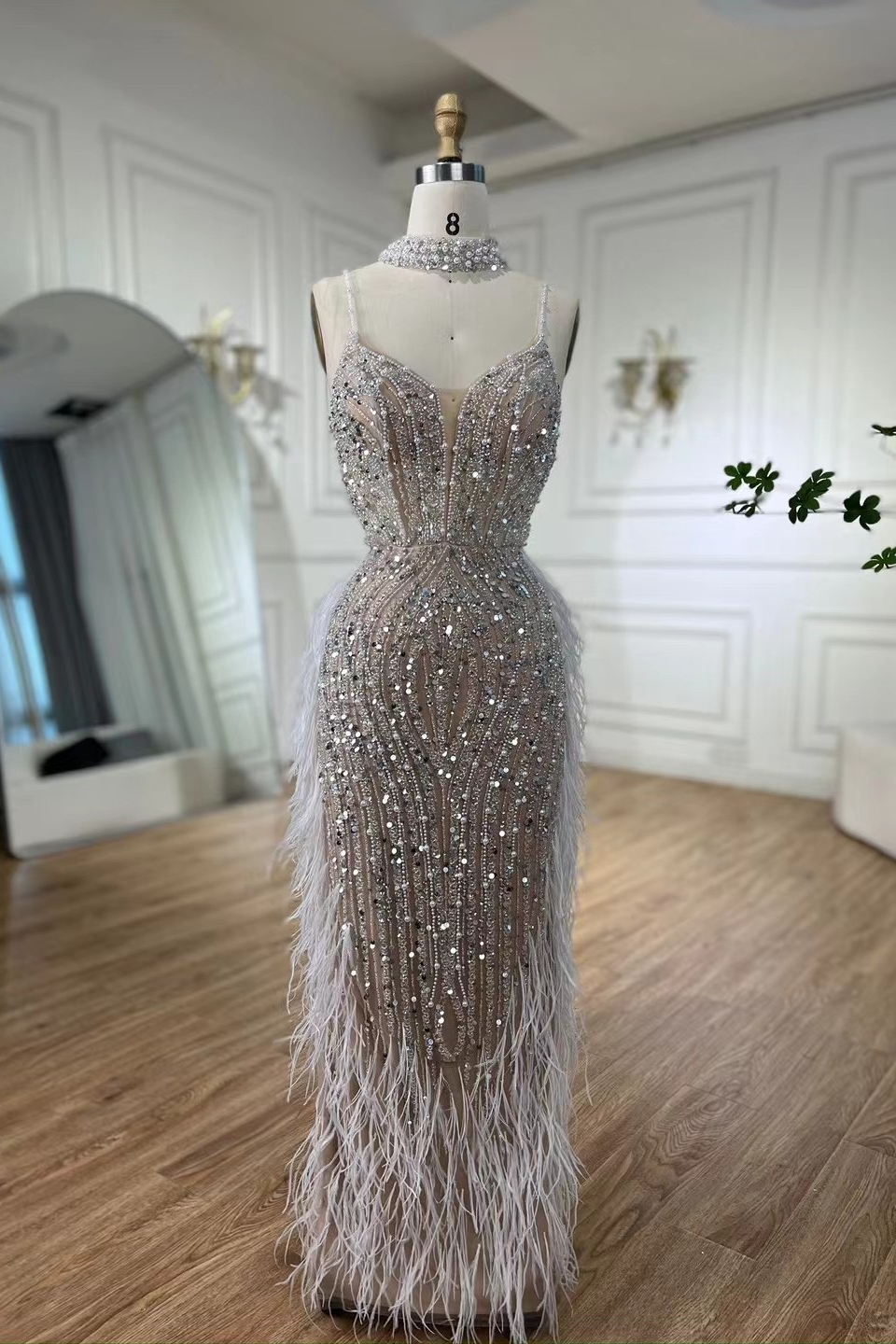 Bellasprom Spaghetti-Straps Mermaid Evening Gown Sleeveless Sequins Beads With Pearls Feathers Bellasprom