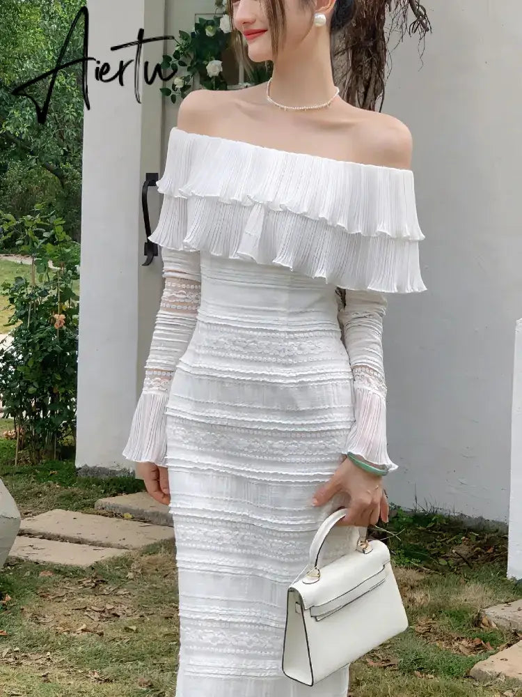 Elegant White Midi Dress Office Lady Long Sleeve Sexy Beach Party Bodycon Dress Women Chic Summer One Piece Dress Korean Aiertu