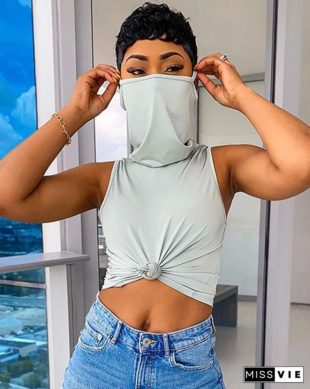 Solid Color Sleeveless Casual Shirt Top With Bandana