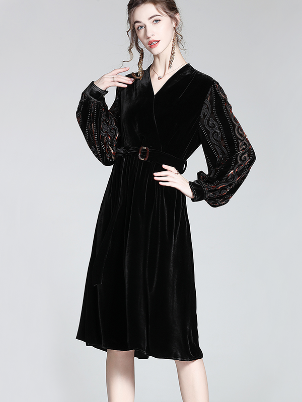 Puff Embroidered Sleeve Silk Velvet Dress REAL SILK LIFE