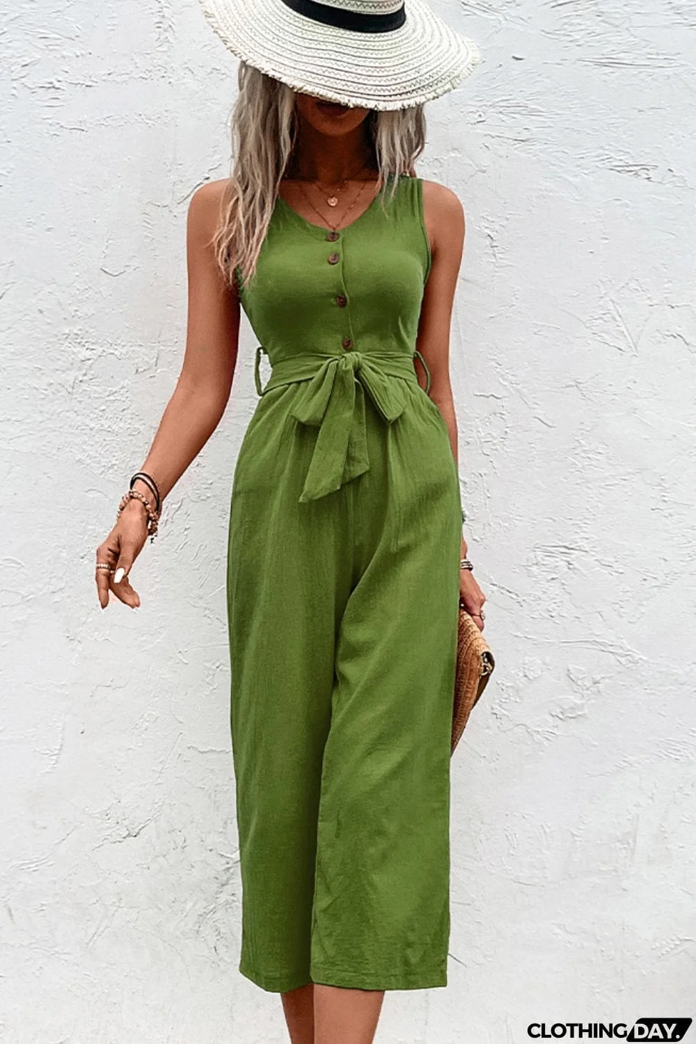 Tie Belt Sleeveless Jumpsuit with Pockets