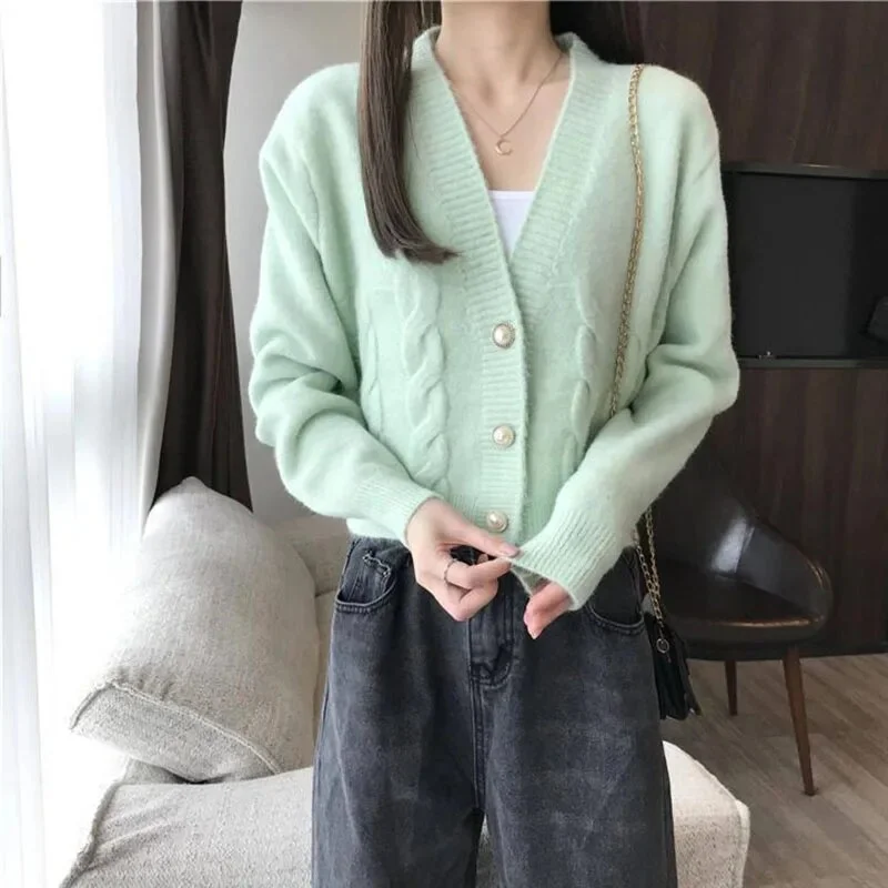 Applyw Elegant Shirt Cardigans Sweater Women 2023 Autumn New V Neck All-match Knitted Jumpers Solid Slim Long Sleeve Cardigan
