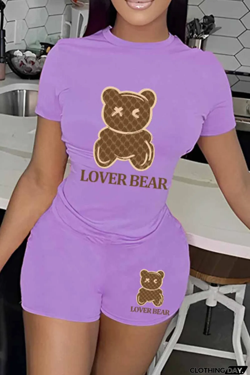 Purple Casual Print Letter O Neck Short Sleeve Two Pieces