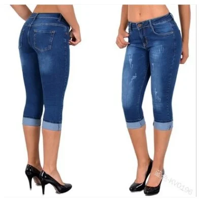 Uveng Uveng 2023 High-Waisted Simple Design Pocket Decoration Large-Size Roll-Over Denim Seven-Point Trousers