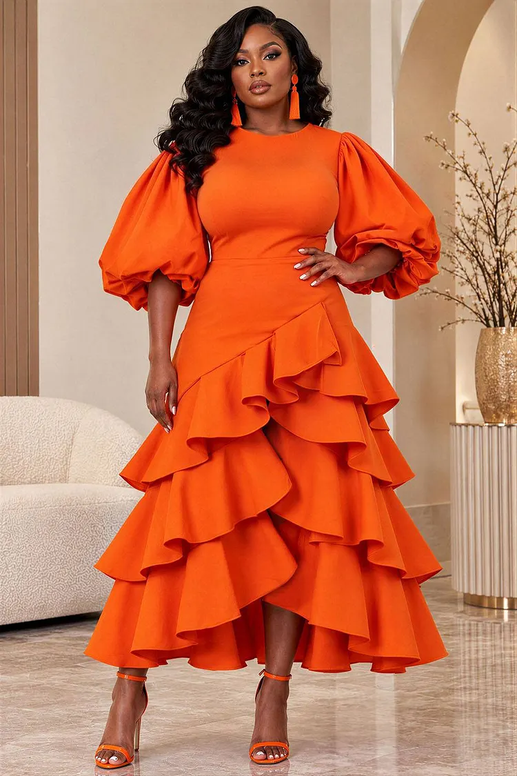 Xpluswear Design Plus Size Cocktail Party Orange Round Neck Puff Sleeve Half Sleeve Ruffle Midi Dresses [Pre-Order] 2024 - Xpluswear