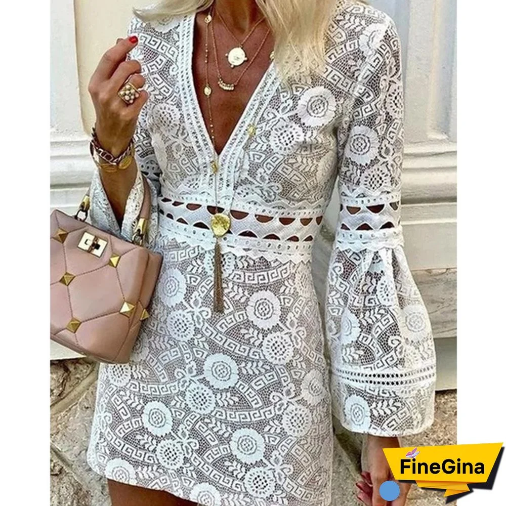 Women Flare Long Sleeve Mini Dress Lace Hollow Out Deep V Neck Party Casual Short Dress Plus Size