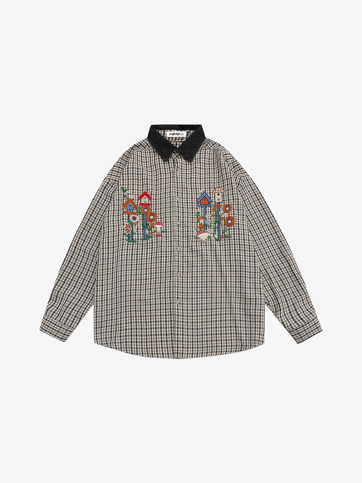 Black Act Chic Cartoon Embroidery Plaid Long Sleeve Shirt Front