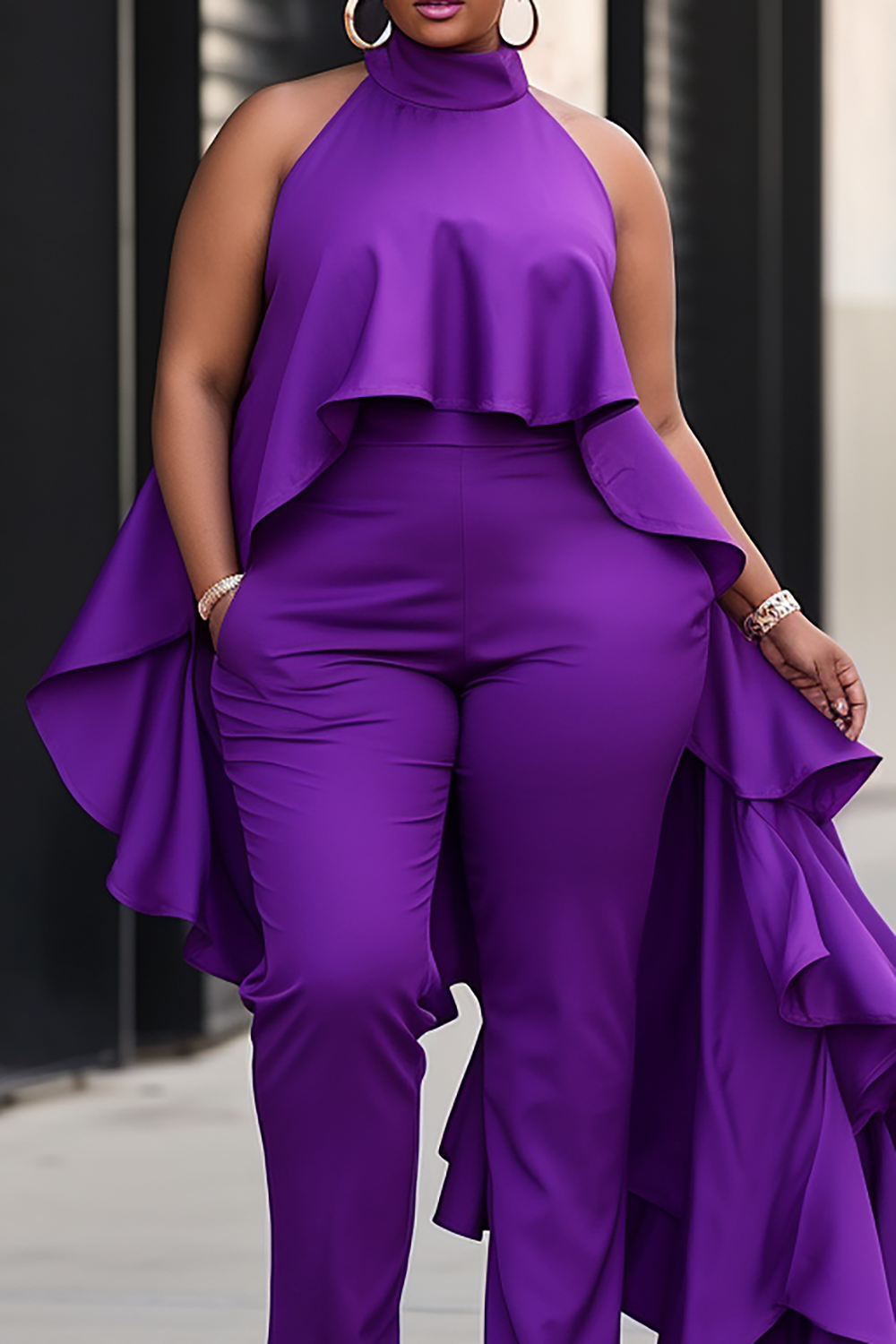Design Plus Size Semi Formal Elegant Purple Mock Neck Ruffle Pocket Two Piece Pant Sets [Pre-Order]
