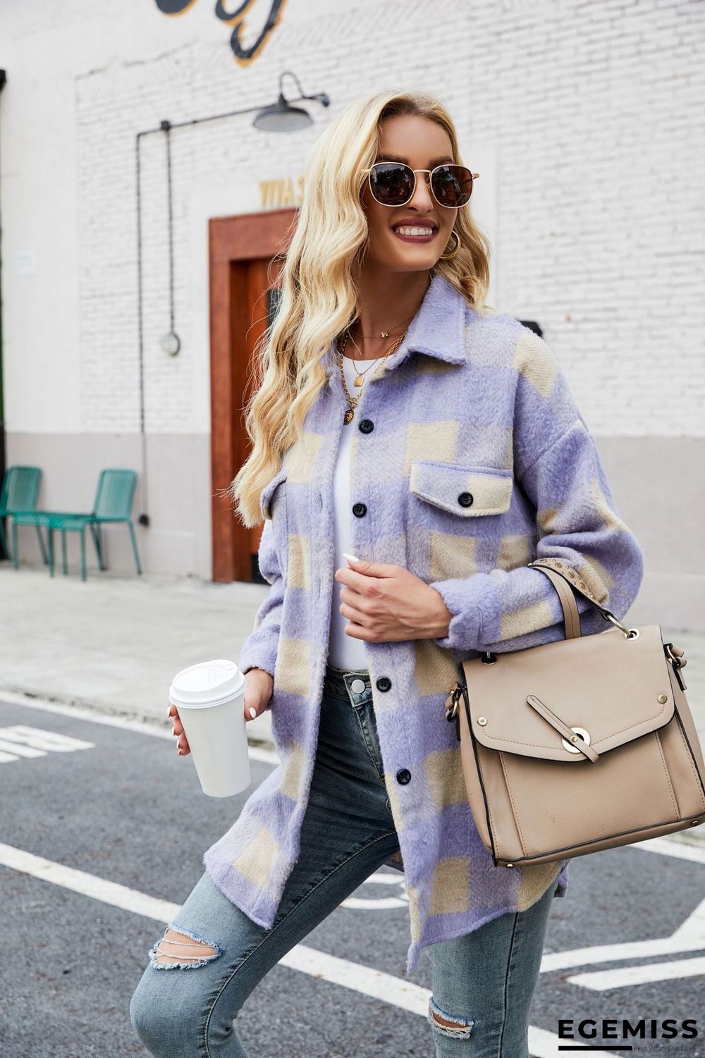 Autumn Winter Suede Coat Single Breasted Lapel Long Sleeve Plaid Cardigan Shirt | EGEMISS