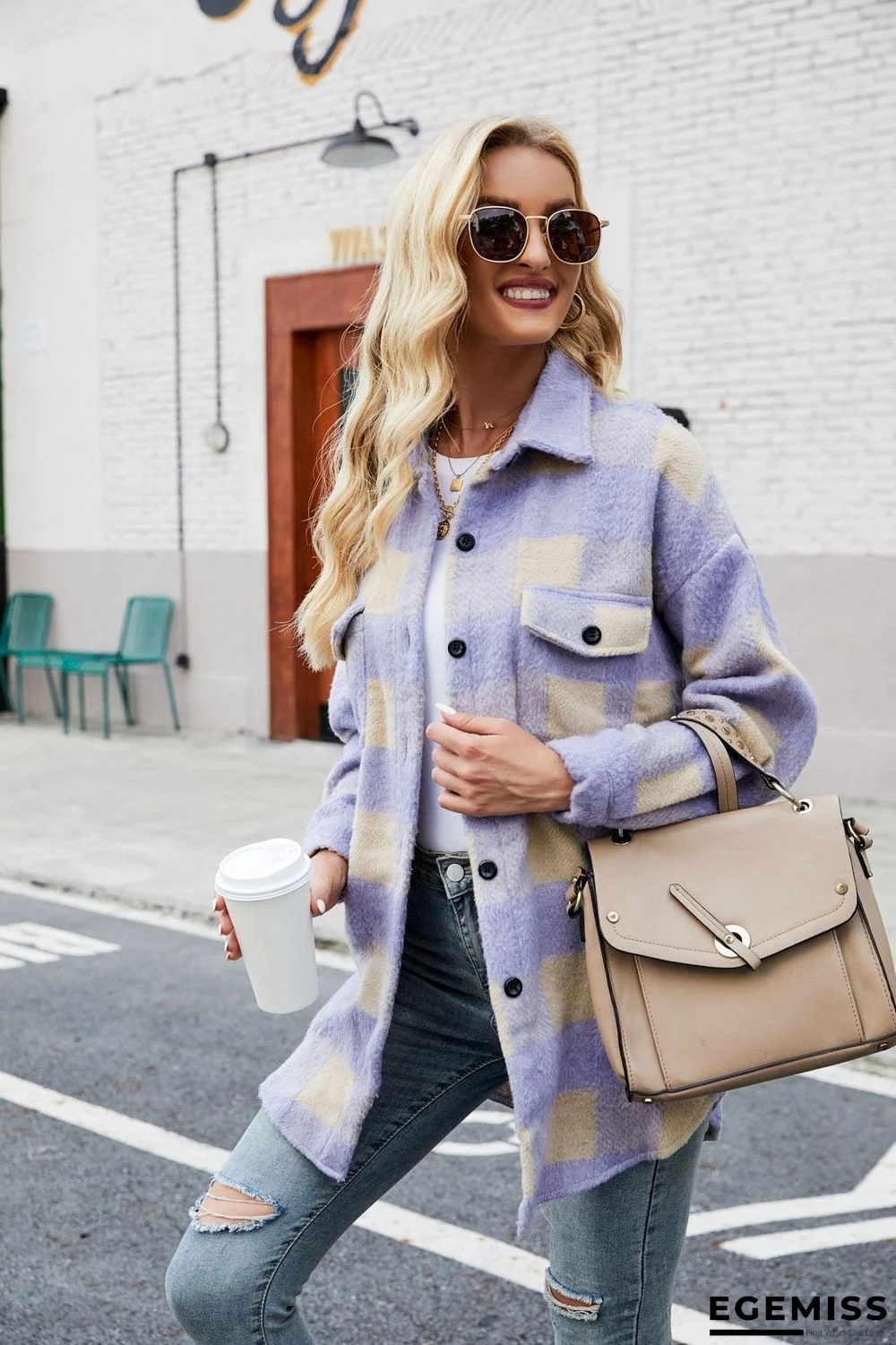 Autumn Winter Suede Coat Single Breasted Lapel Long Sleeve Plaid Cardigan Shirt | EGEMISS