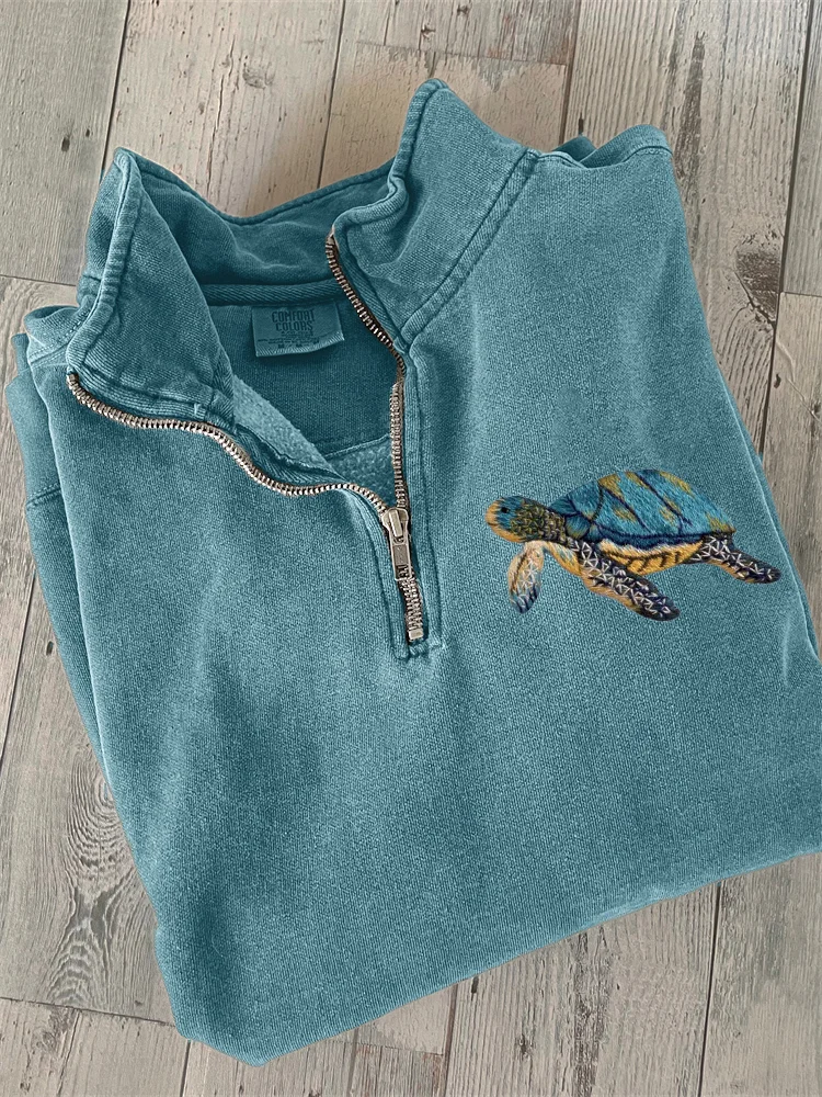 Lovely Sea Turtle Embroidery Art Zip Up Sweatshirt