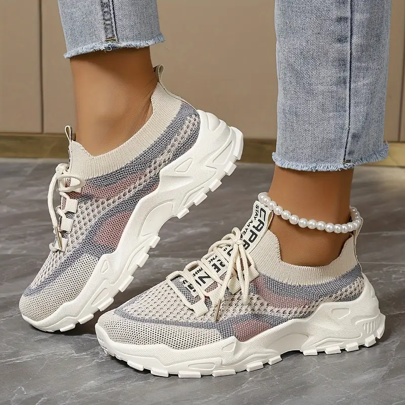 Kolor blok kolorów damskich oddychające trampki dzianinowe lekkie koronkowe trampki swobodne buty do biegania z siatką górną i PVC Sporty Footwear Stylowe buty platformy Buty trwałe PVC 3 szczegóły 3