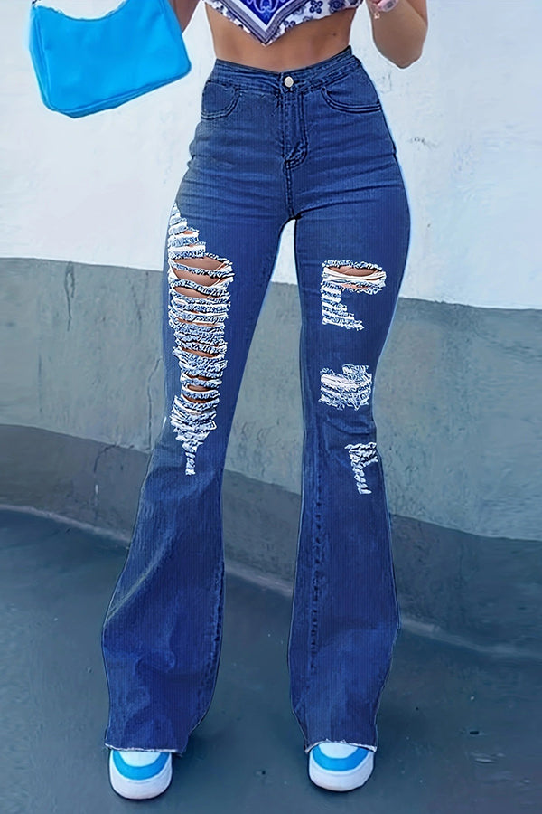 Fashion SlimFit Solid Color Ripped Flared Jeans