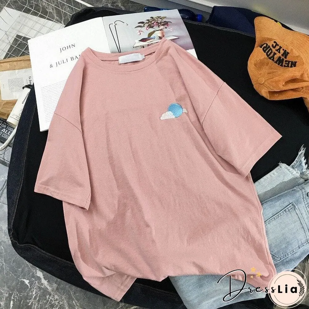 Fashion Women Embroidered T Shirts Crew Neck Short Sleeve Couple Tops Summer Casual Loose Sweatshirt Basic Tee Top Clothing